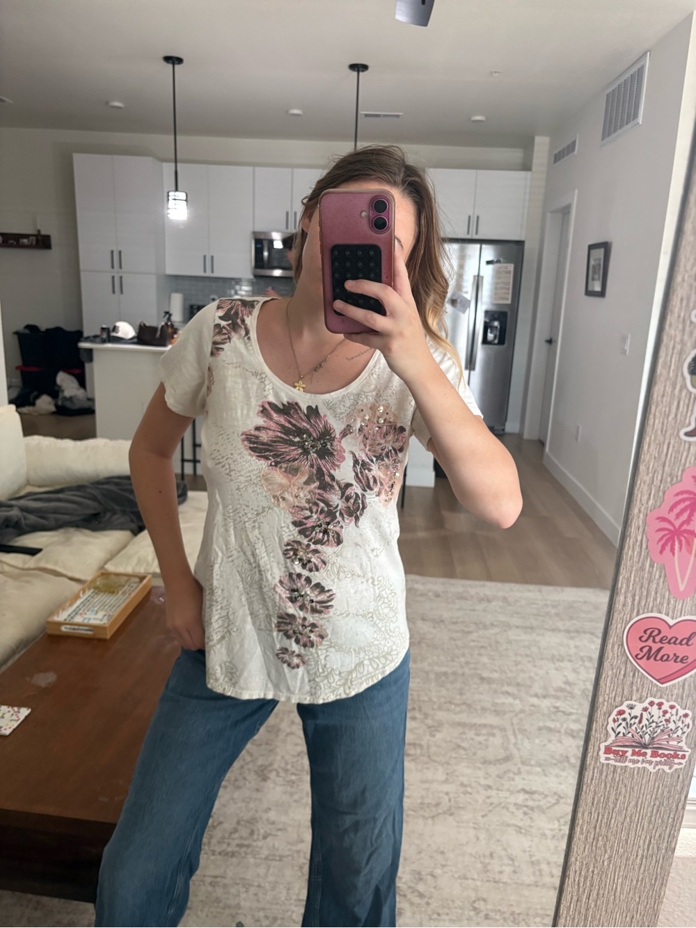 Style & Co. Cream Short-Sleeve Tee with Pink Floral Accent